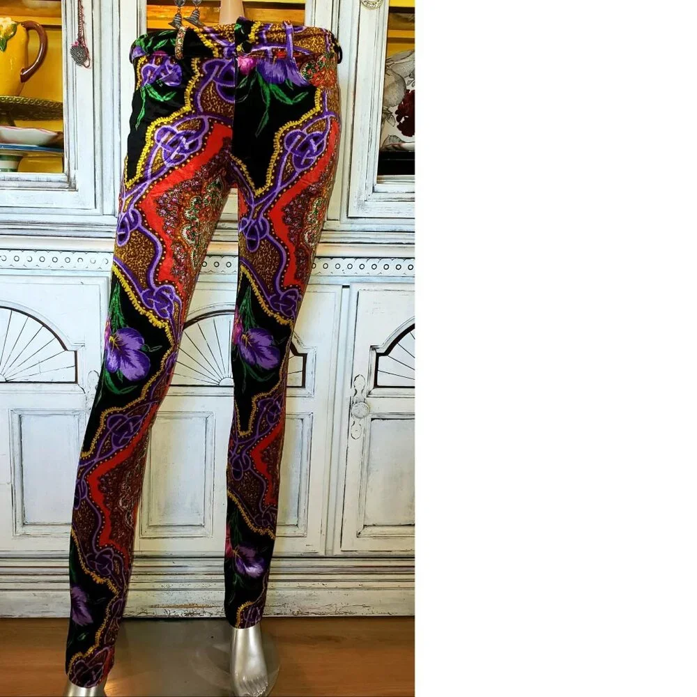Vintage Betsey Johnson Floral Leopard Stretch Velvet Jeans Pants Dress Top Shirt - Picture 12 of 16